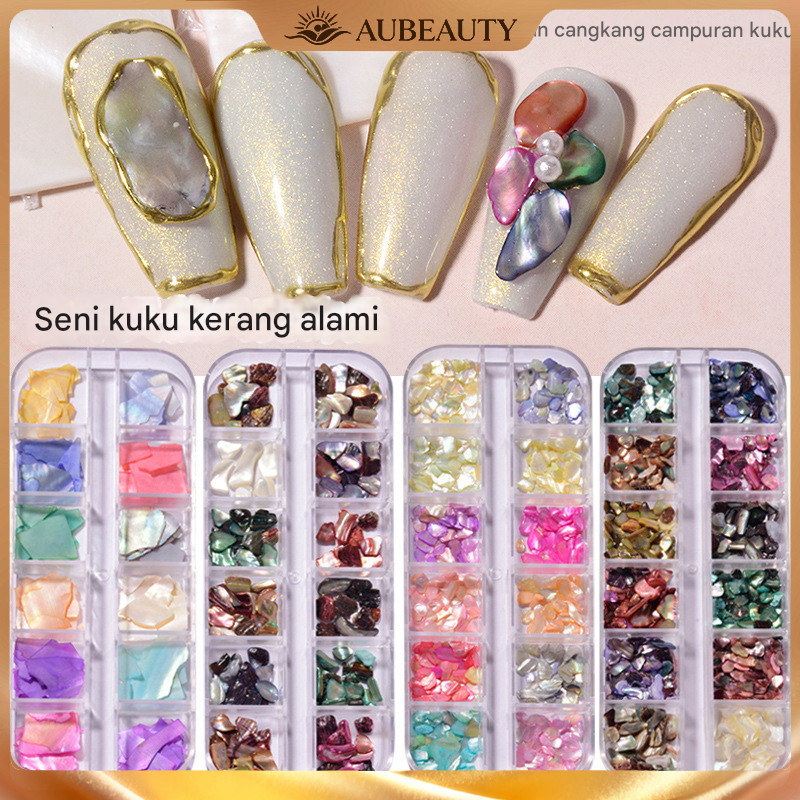 Aubeauty 1 Kotak 12 Grids Warna-warni Tidak Teratur Tekstur Kerang Laut Alami Irisan Abalon Tipis Se