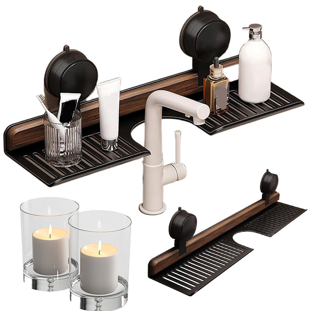 Walnut Suction Cup Bathroom Shelf No Drilling Wall Mounted Sink Shelf Over Faucet Sink Rack Bathroom