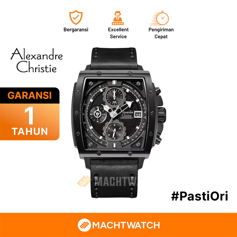 Jam Tangan Pria Alexandre Christie Chronograph AC 6376 MC LIPBA Men Black Dial Black Leather Strap