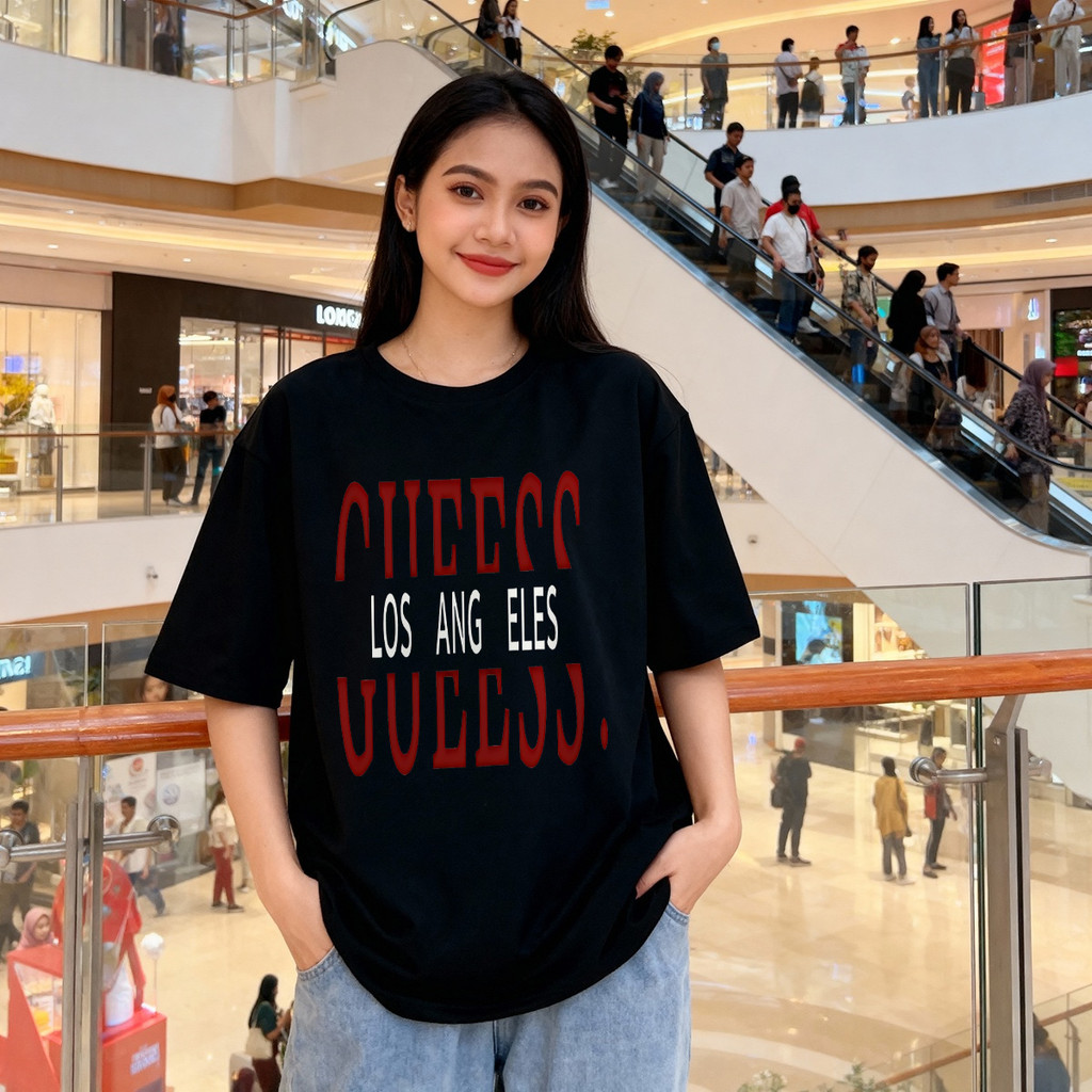 Distro Original 100% Guess Los Angeles Kaos Wanita Oversize Santai Pakaian Atasan Wanita untuk Semua