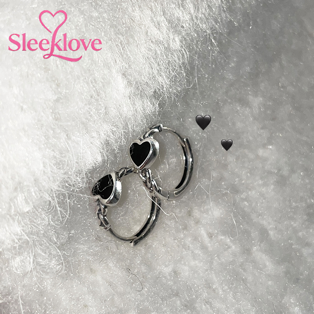 Sleeklove Anting Telinga Silver Retro Hitam Cinta Hati S925 Perak Jarum Kecil Bulat Anting Wanita