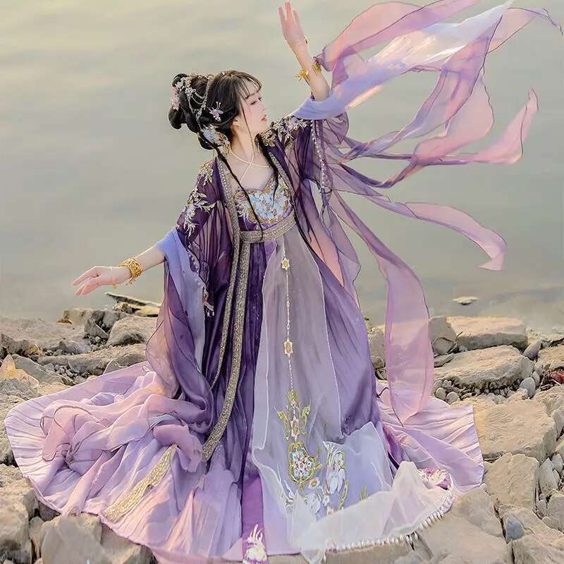 inese Hanfu Dress Women Trational Embroidery Hanfu Carnival Fairy Cosplay Costume Graent Purple&Yell
