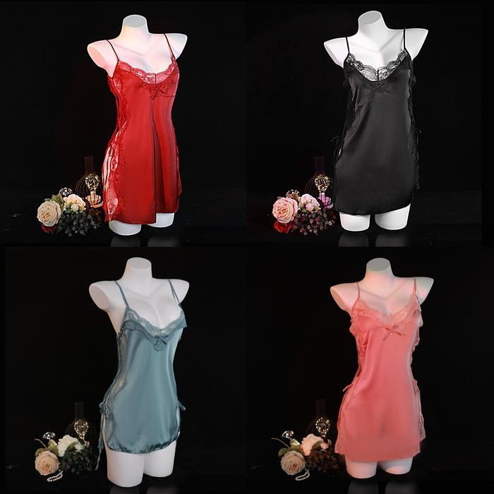 TERLARIS - set lingerie sexy cantik+ g string gaun malam tali samping premium - PINK COD