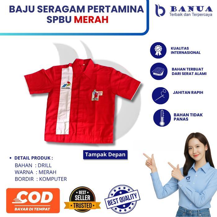 Baju Seragam SPBU | Baju Pertamina | Seragam Pertamina Bordir Kerja Merah Pendek Safety Panjang Sete