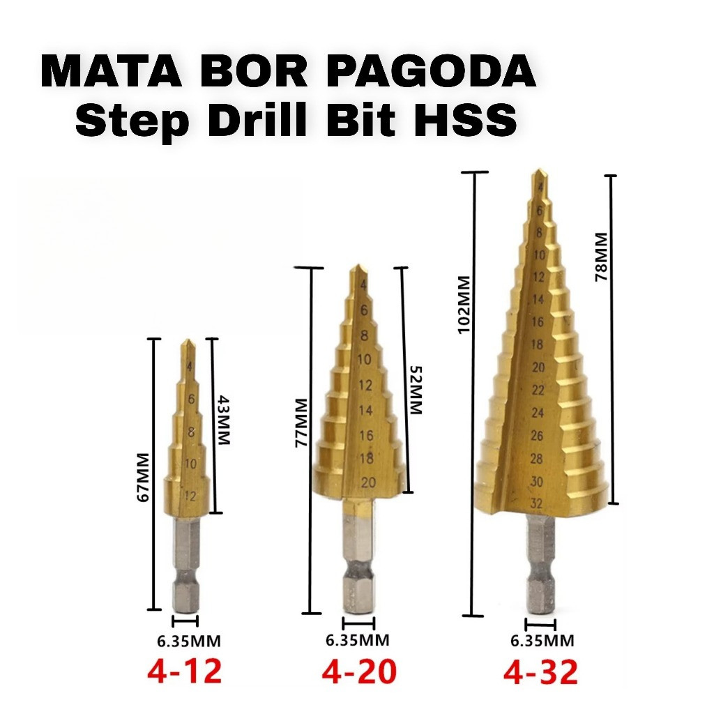 Mata Bor PAGODA Piramida Step Drill HSS 4 12mm 4 20mm 4 32mm Mata Bor Serbaguna Awet Dan Berkualitas