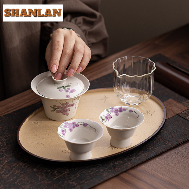 Hand Drawn Grape Tea Set Complete Set Vintage Tea Tools Set Tea Lid Set Tea Ceremony Set Teapot And 