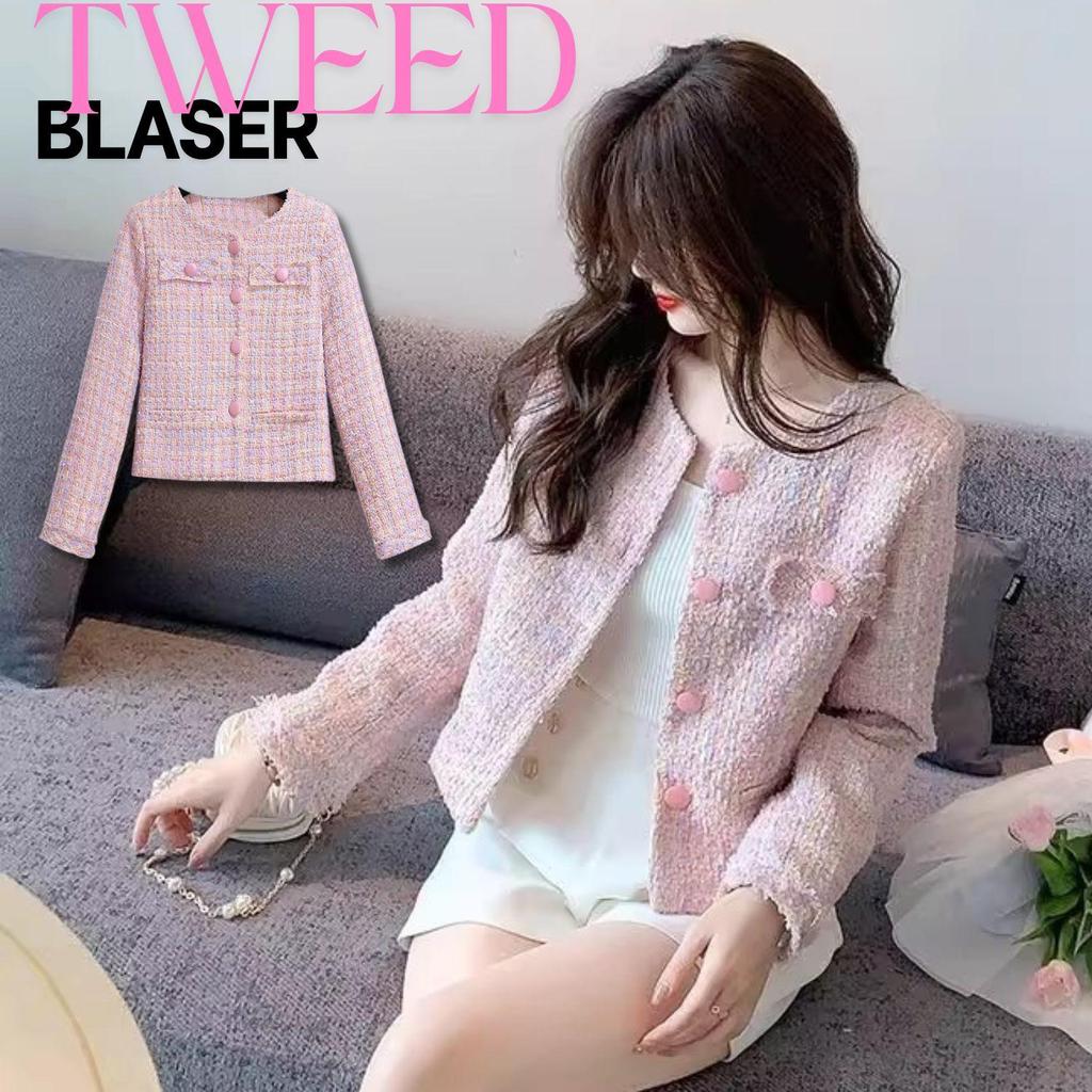 FOLADY - P787 Atasan Blazer Tweed Rainbow Wanita Import Lengan Panjang Rawis Full Kancing Dua Saku H