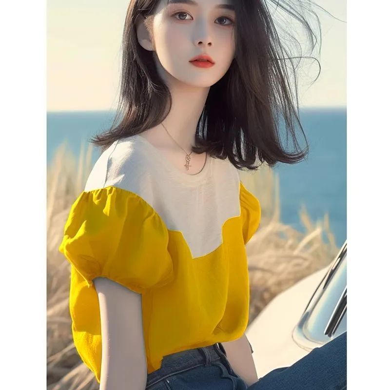 Women's Short Sleeve Puff Sleeve Patchwork Korean Style T-Shirt