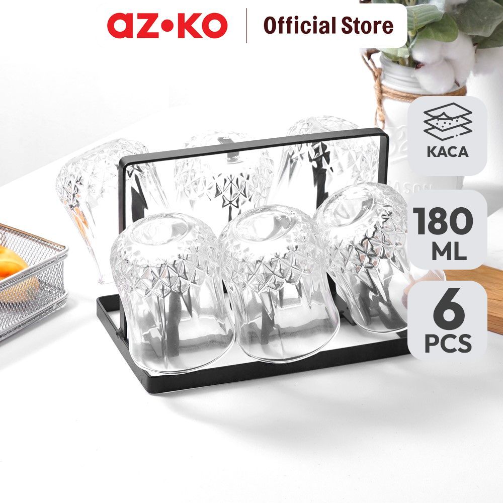 AZKO Delicia Gelas Kaca Dengan Rak 180 ml Set 6 Pcs Transparan Cup Bening Wadah Air Minum Tempat Min