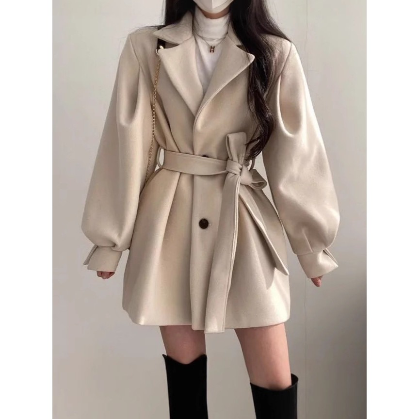 Mantel Wanita Gaya Inggris Wol Tebal