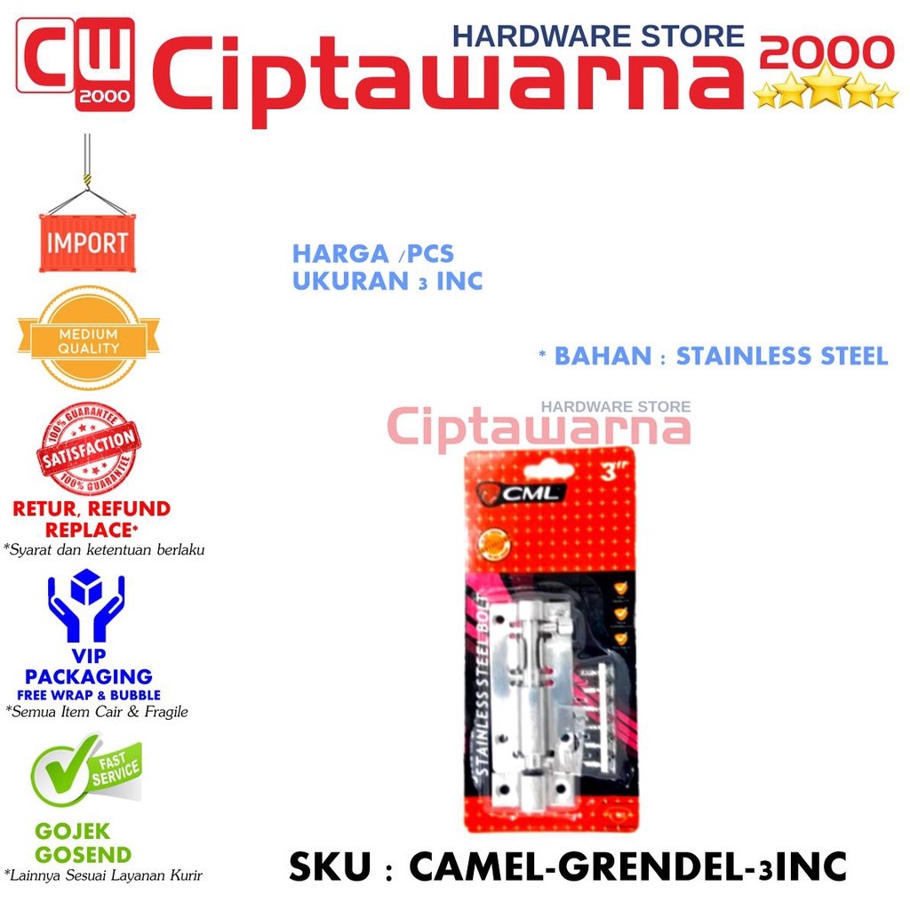 Grendel Pintu Kayu Stainless Tebal 3inch Kunci Grendel Slot Pintu - CWTT