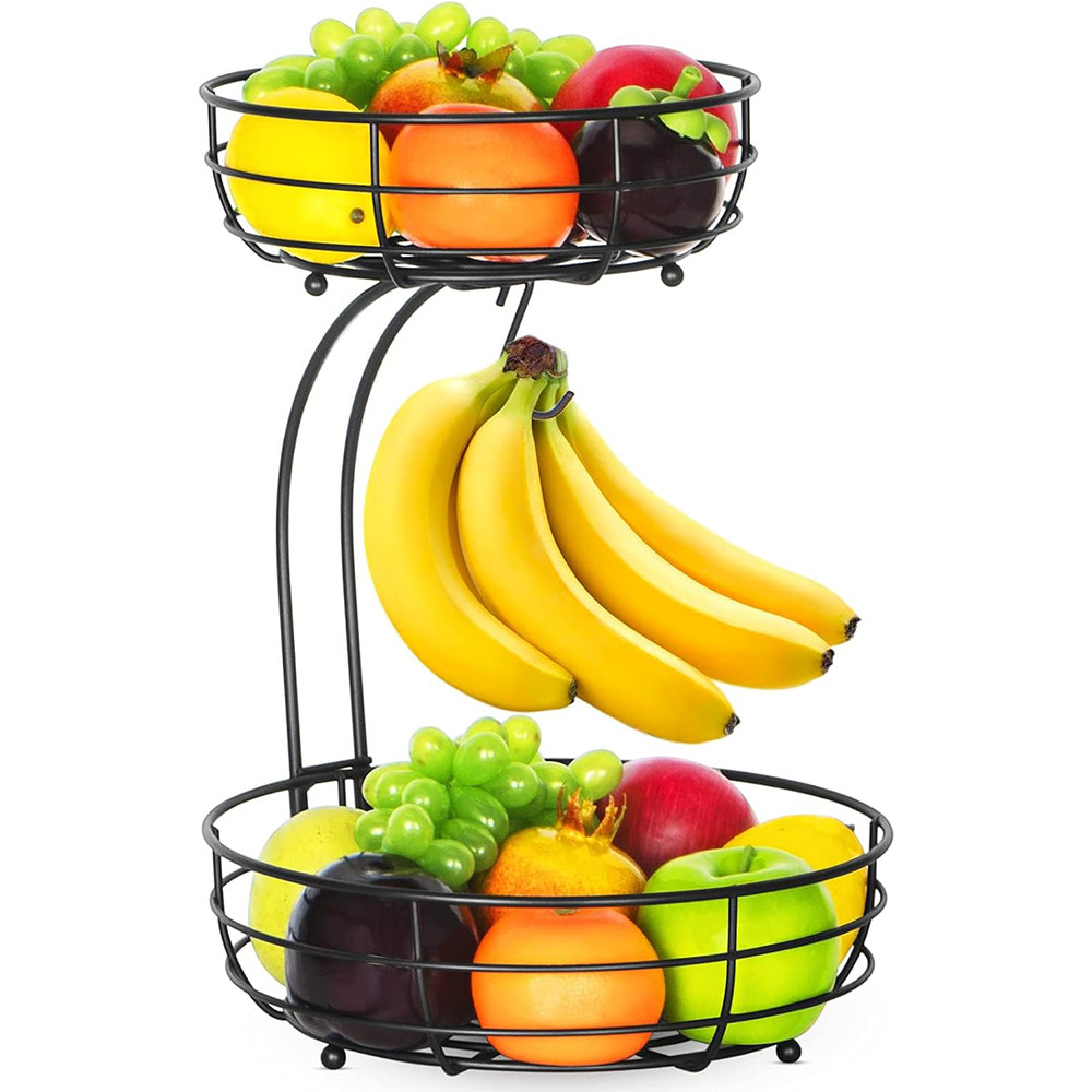 LMETJMA 2-Tier Countertop Fruit Basket Bowl with Banana Hanger Kitchen Metal Wire Fruits Stand Holde
