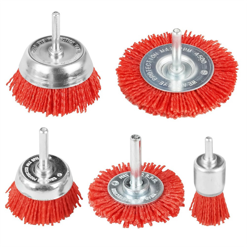 5 PCS Nylon Filament Abrasive Wire Brush Wheel & Cup Brush Set With 14Inch Drill Shank, Nylon Drill 