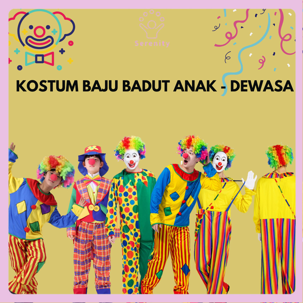 SERENITY (K04) Perlengkapan Badut Kostum Baju Set Hidung Sepatu dan Rambut Badut Acara Cosplay Ulang