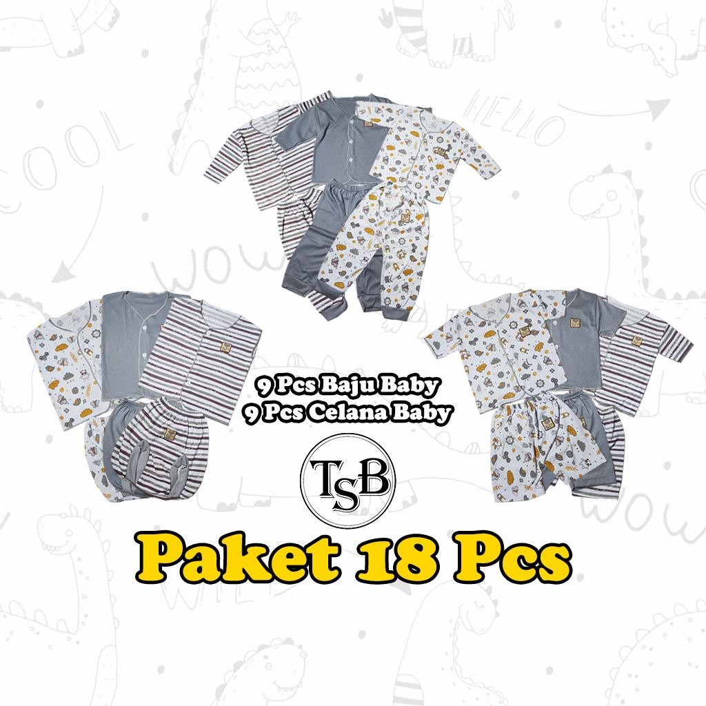 18 Pcs Paket Baju Bayi Dan Celana Bayi Baru Lahir 0-3 Bulan Seri Abu Model Lekton Model Lengan Pende