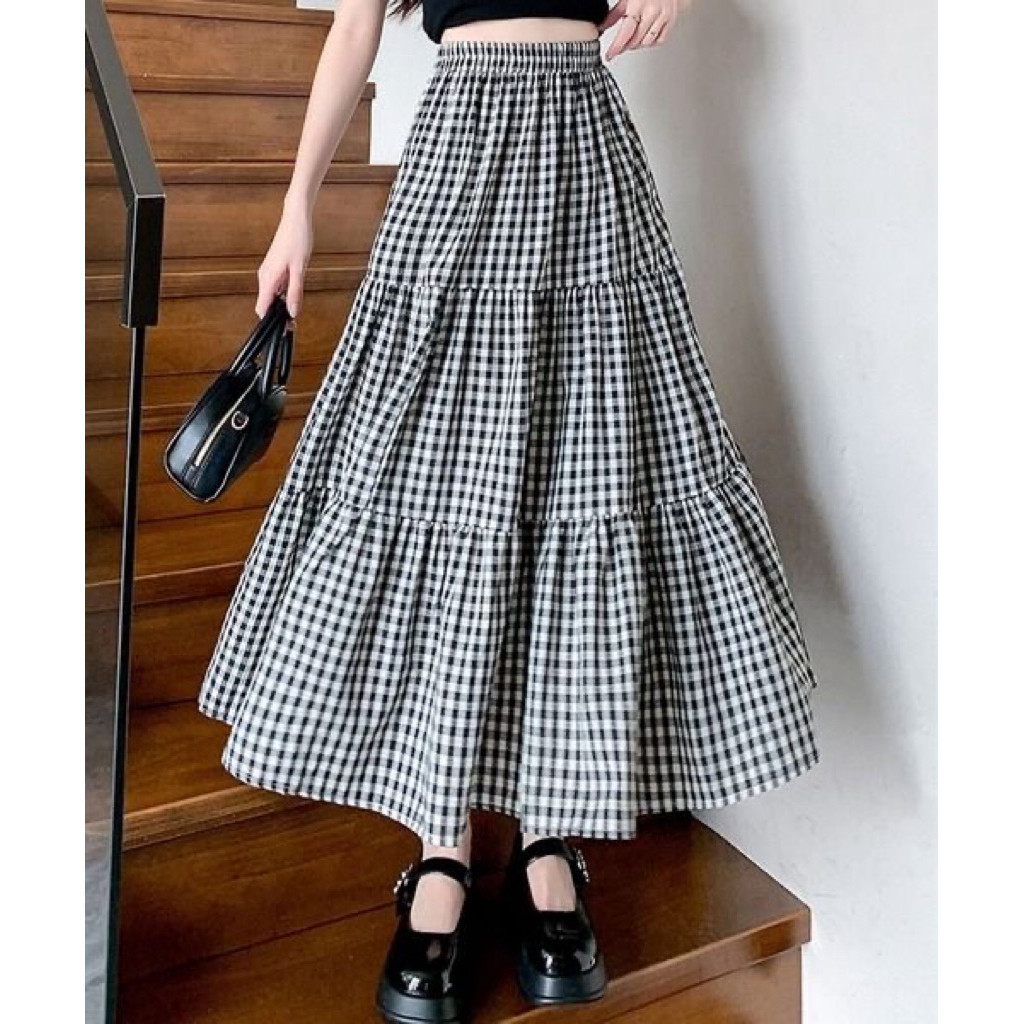 RMDN - Rok Kotak Hitam Putih Panjang Wanita Bahan Katun Flare A-Line Casual Kekinian