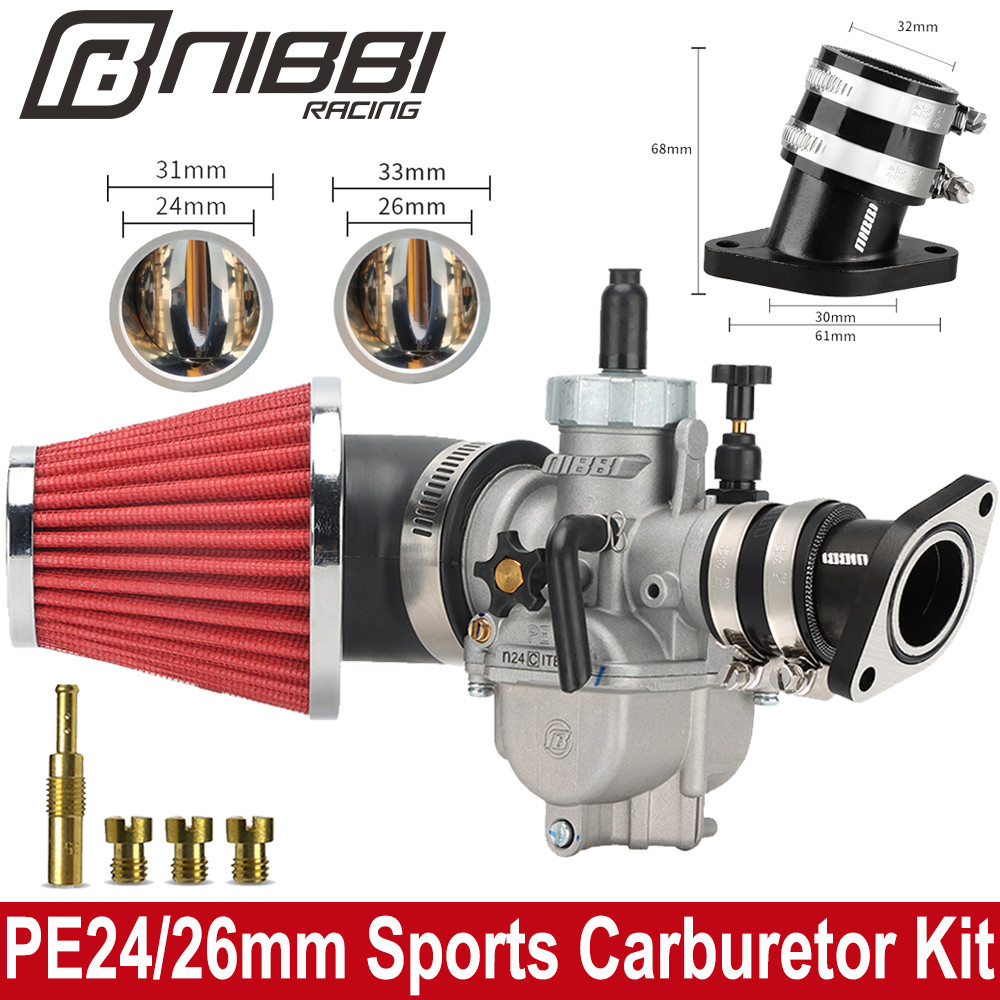 NIBBI Motorcycle Carburetor Air Filter Intake Manifold Kit PE24mm/26mm Carburetors With Carb Jets Fo