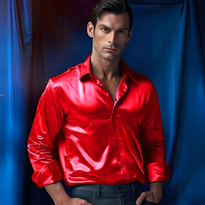 Red Silk Satin Shirt for Men/Ice Silk Bright Red Performance Shirt