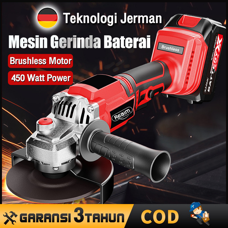 Reaim Gerinda Baterai Brushless 4Inch 450W Mesin Gerinda Baterai Tangan Cordless Angle Grinder Mesin