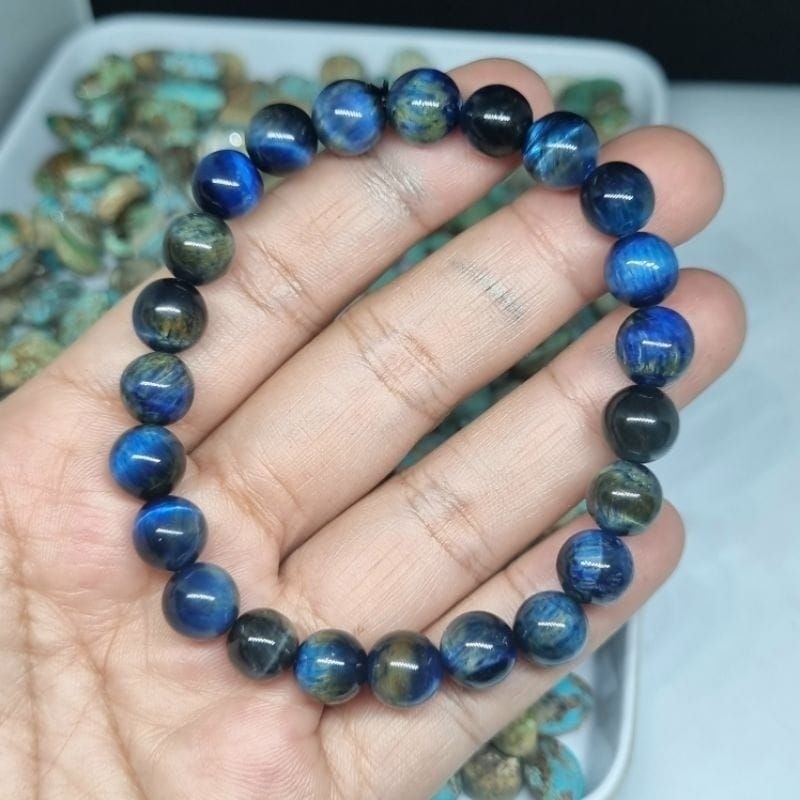 Gelang batu akik cat eye biru asli Natural