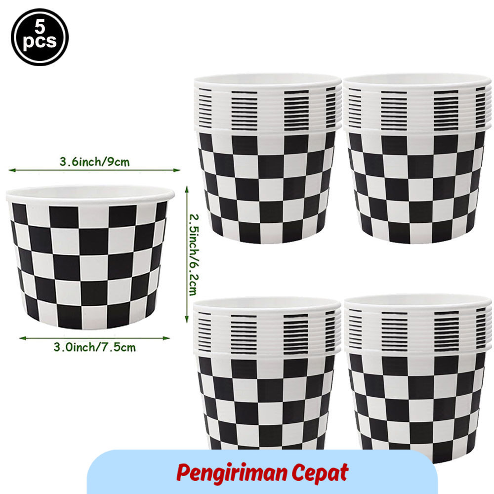 PCP Black and White Checkered Paper Ice Cream Cups Disposable Food Dessert Bowls Snack Cups Race Car