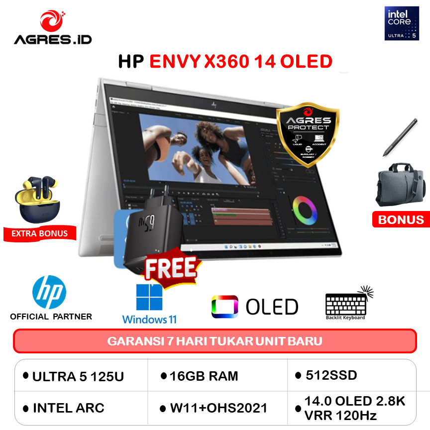HP ENVY X360 14 OLED ULTRA 5 125U 16GB 512GB W11+OHS 14.0 2.8K 120HZ BLIT PEN 2Y+ADP 2IN1 EVO SLV -F
