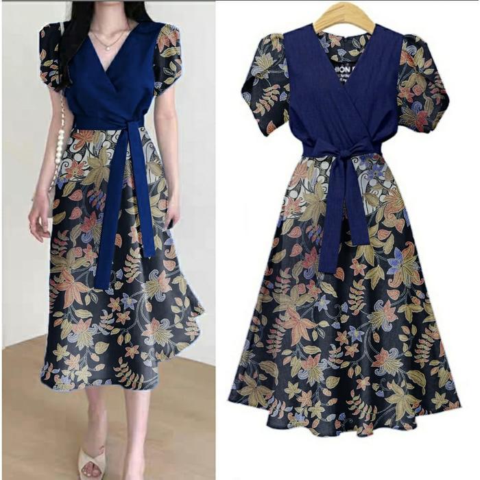 TERLARIS Dress Davia Batik / dress wanita tangan pendek / dres batik terbaru / midi dress kekinian C