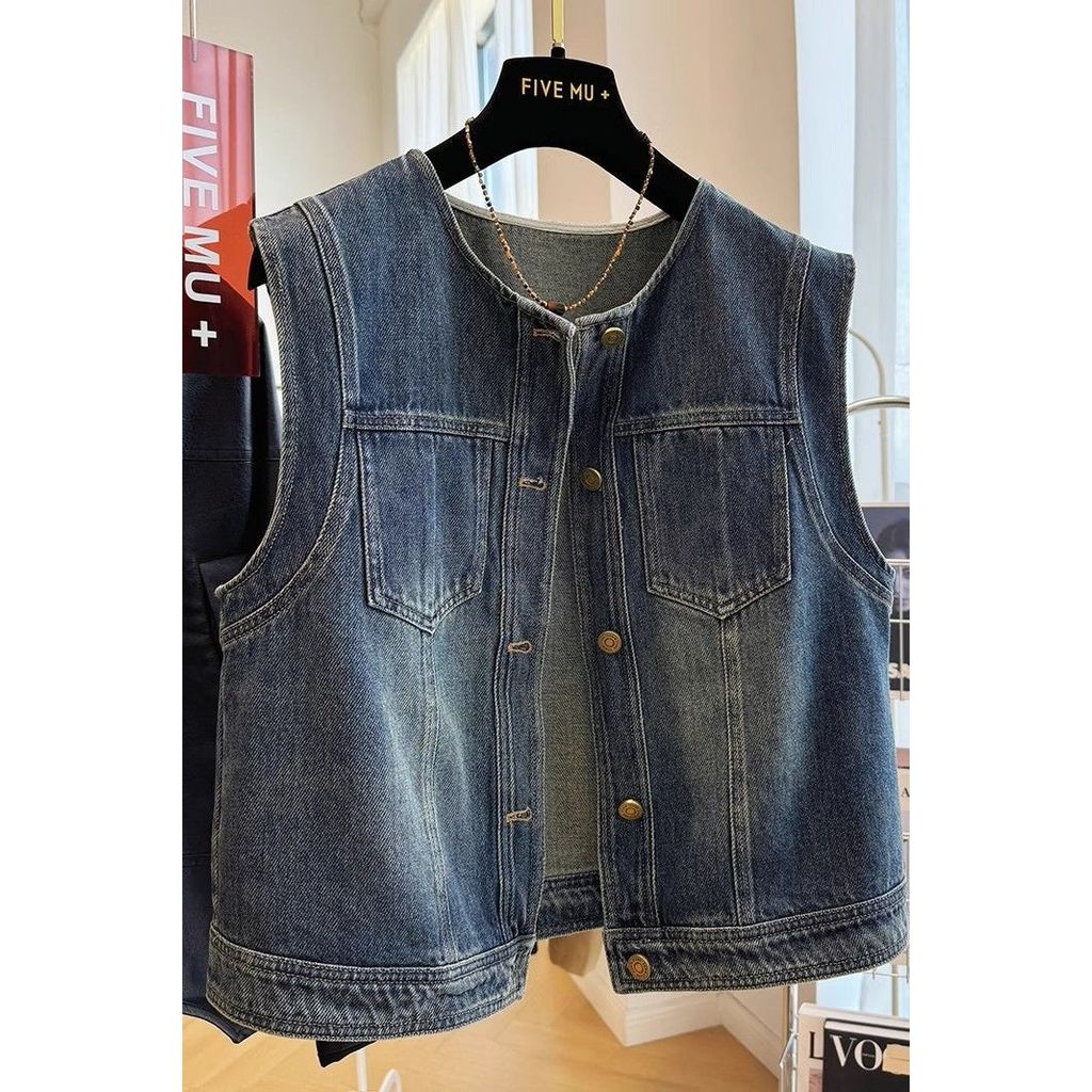 [Saror]Rompi Denim Baru Fashion Vintage untuk Wanita Tanpa Lengan