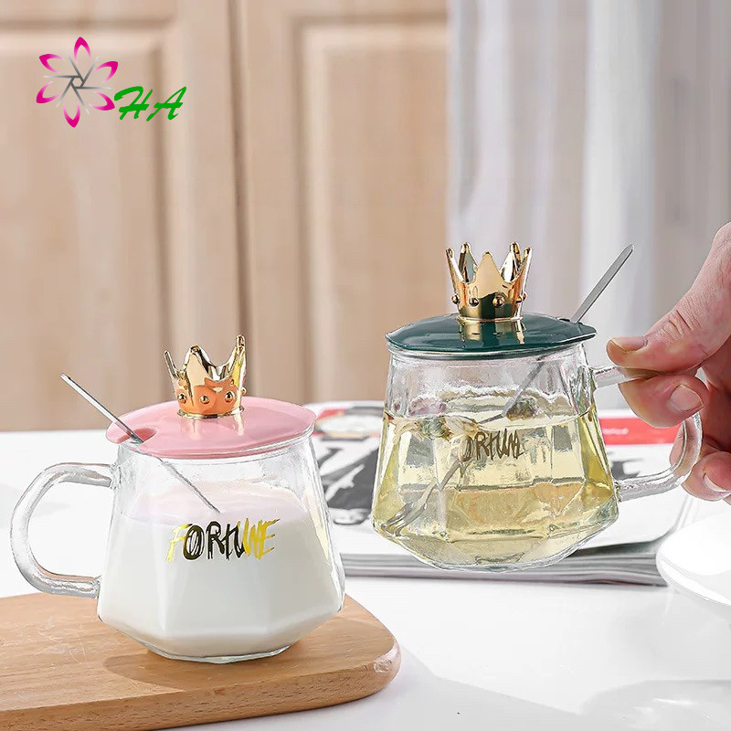 HA1565 Gelas Kaca Mahkota Couple | Mug Kaca dengan Tutup Mahkota + Sendok | Mug Pegangan | Cangkir S