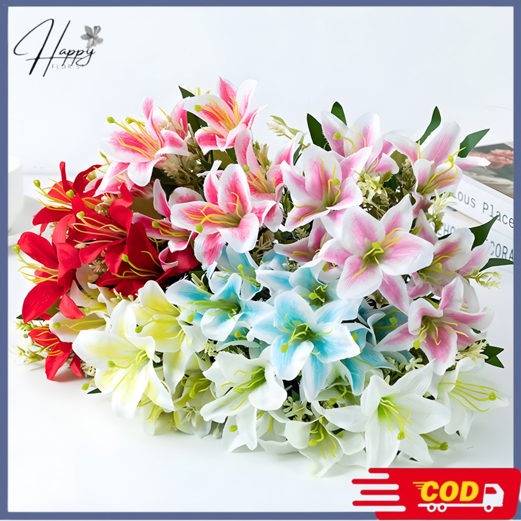 Bunga Lily Cabang 5-Dekorasi/Lily Tiger Casablanca plastik lili Hiasan/Bunga Artificial Murah Import