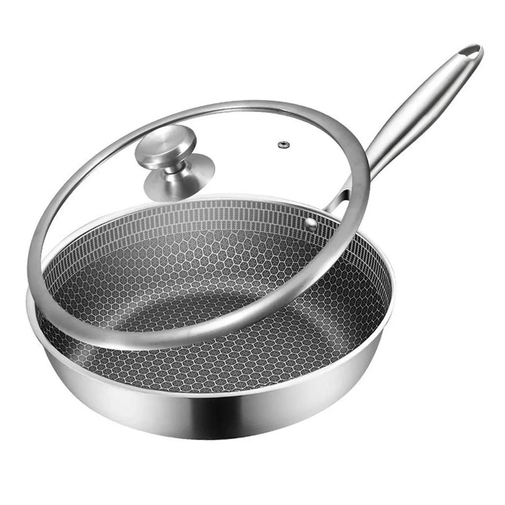 304 Stainless Steel Frying Pans with Glass Lid Nonstick Uncoated Skillet Wok Pan