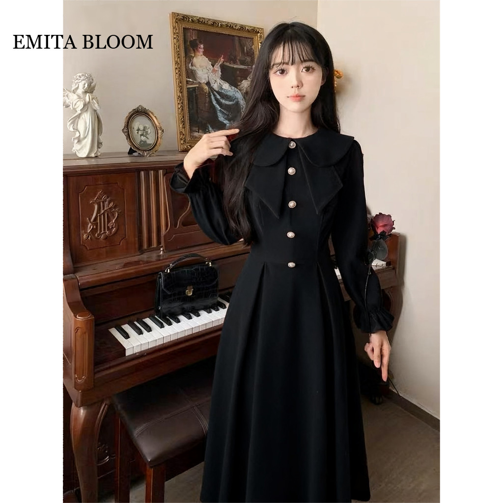 EMITA BLLOM long dress hitam polos lengan panjang wanita kekinian korean style lebaran 2025 gaun kon