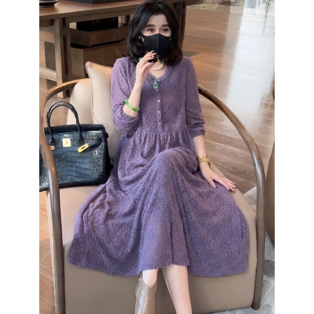 Temperament gaun lengan panjang kelas atas gaun ramping ungu gaun panjang gaun ramping ungu gaun