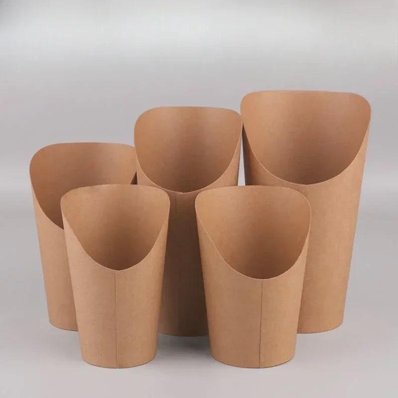 50pcs Diagonal Opening French Fry Cups Disposable Eco-friendly Kraft Paper Bucket Fried Chicken Fren