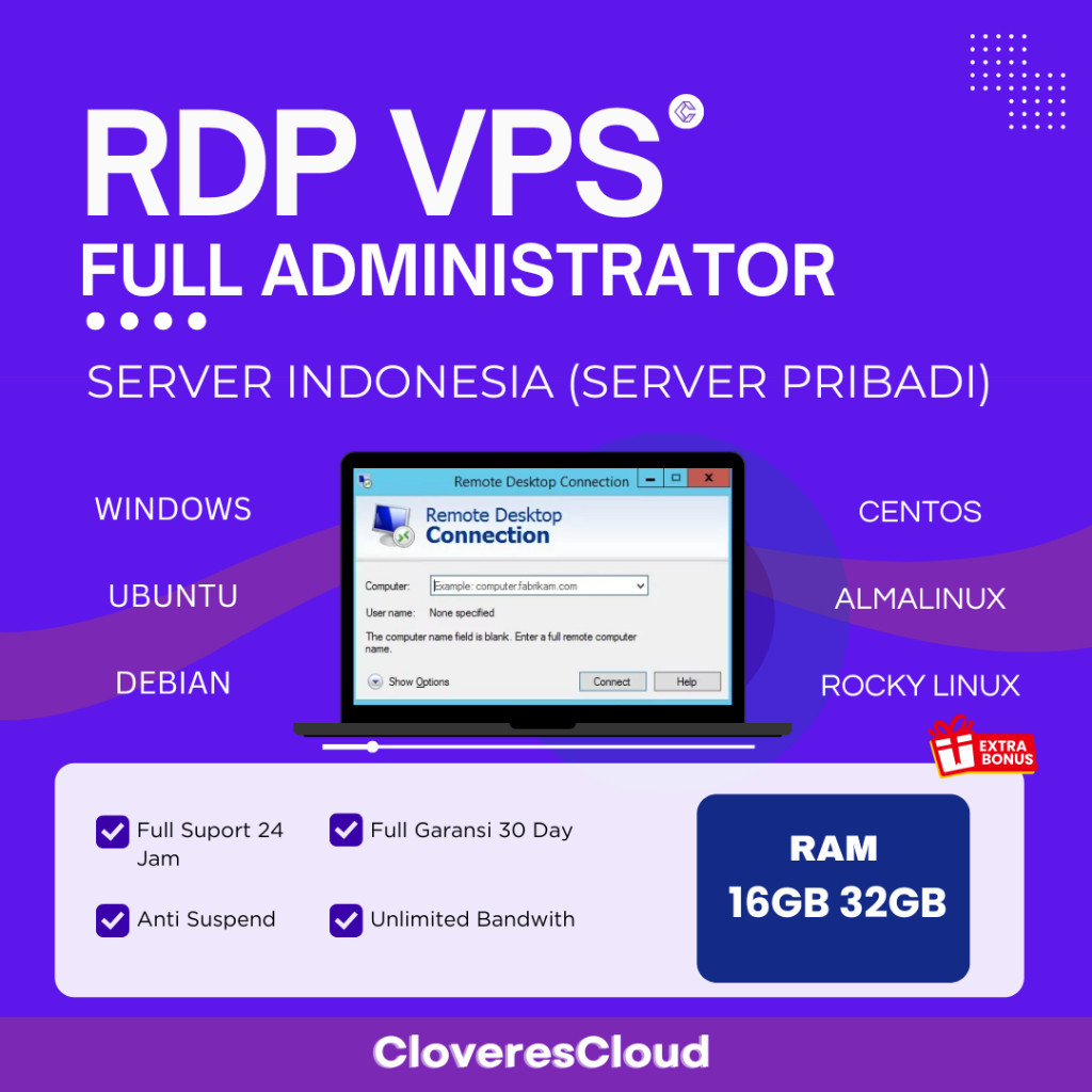 VPS RDP 16GB 32GB Bergaransi Aktif 1 Bulan Full Administrator Berkualitas Server Indonesia