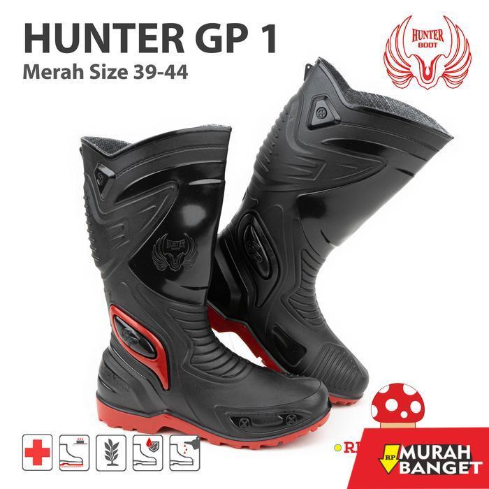 Sepatu Boots Tinggi HUNTER GP 1 BLACK/RED Shoes Karet Pria Hitam Kerja - 39