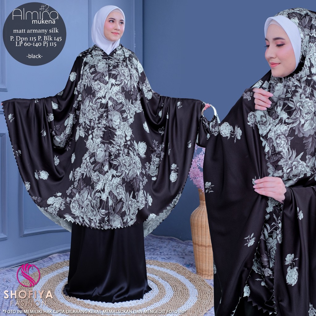SHOFIYA OFFICIAL STORE MUKENA ALMIRA DEWASA HITAM PUTIH MOTIF BUNGA ARMANY SILK MEWAH