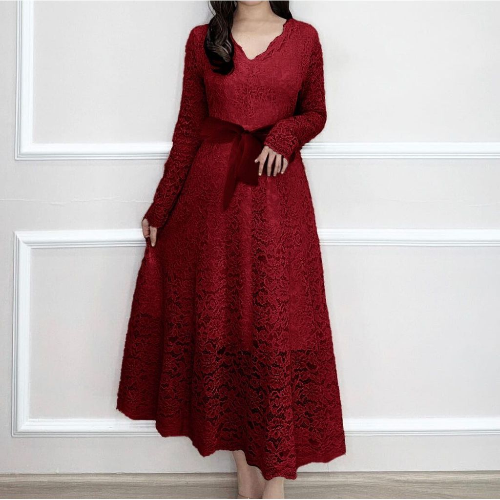 Dress Brukat Simple Lengan Panjang Gaun Sopan Dress Putih Kristen Naik Sidi Pakaian Fashion Dress Wa