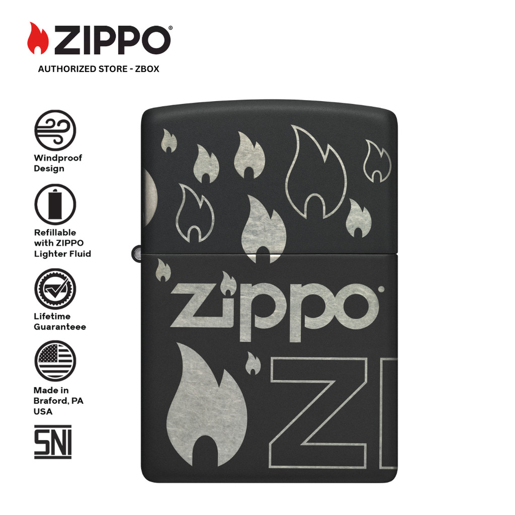 ZIPPO Original 48908 Flame - Matte Black with Laser 360° - Korek Api Windproof USA
