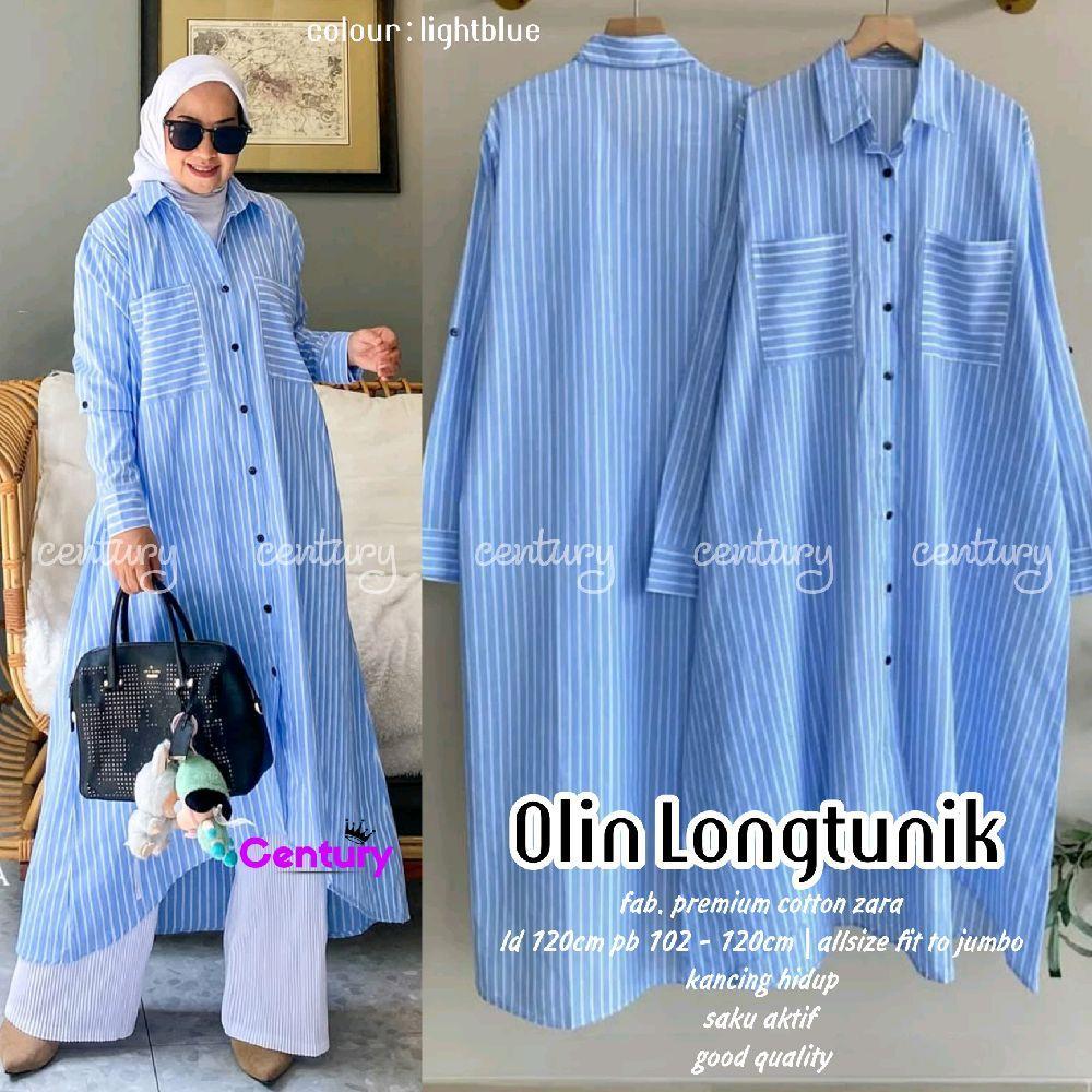 Olin Long Tunik Atasan Jumbo Oversize Motif Garis Salur Busui Full Kancing