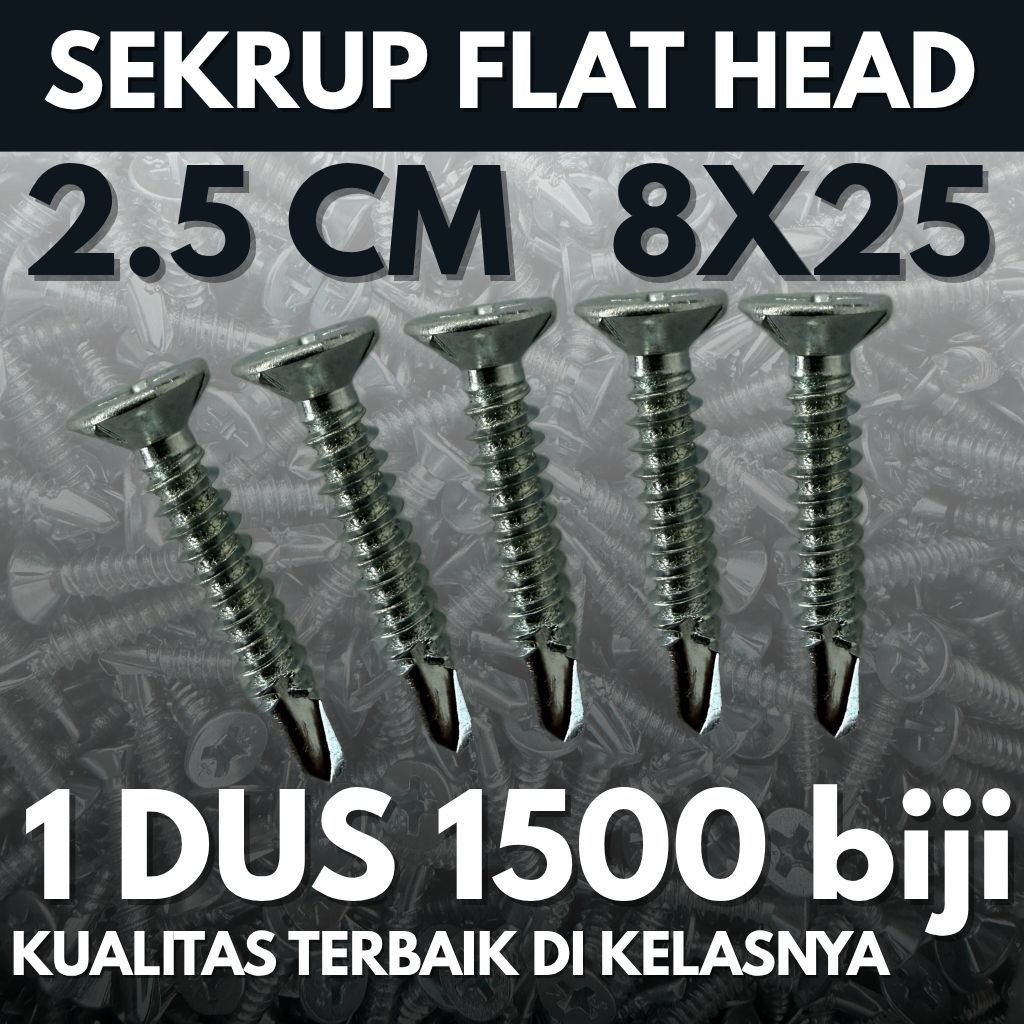 SDS FH / Sekrup Flat Head 8x25 (2.5cm) (1 dus Isi 1500 biji) - Kepala Datar / Sekrup GRC / Baut Flat