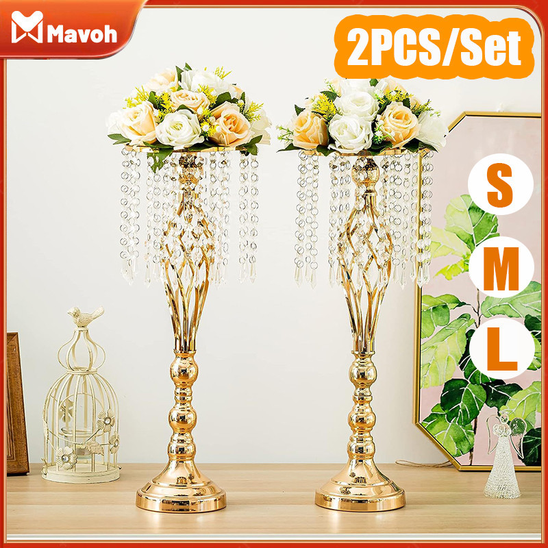 2PCS/Set Vas Bunga Crystal Stand 24 Gantungan Kristal Candle Holder Emas Candlestick Meja Utama Vas 