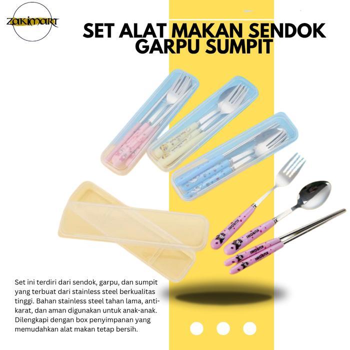 Set Alat Makan Sendok Garpu Sumpit Dengan Kotak Penyimpanan Karakter Sanrio Stainless Steel Kitchenw