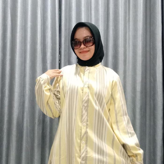 promo  -Atasan Tunik Kemeja Katun Linen Import - M, Putih kuning