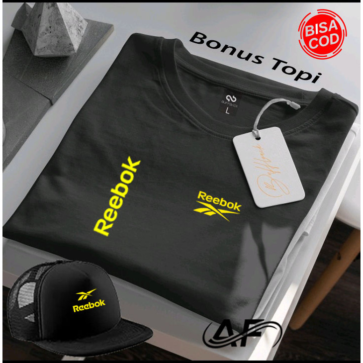 Trendy now Bonus Topi... Baju Kaos Distro Logo  R3bok Tegak Text Kuning Lengan Pendek Premium Qualit
