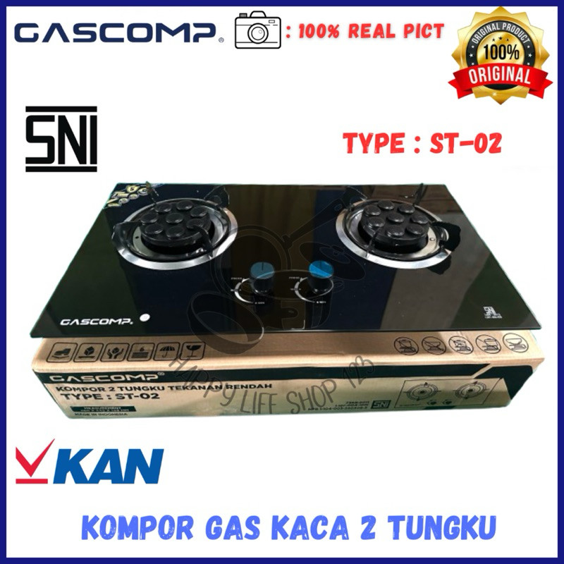 Kompor Kaca GASCOMP 2 Tungku Gas Gas / Kompor Tanam Kaca 2 Tungku Gas Gas / Kompor Gas 2 Tungku Tana
