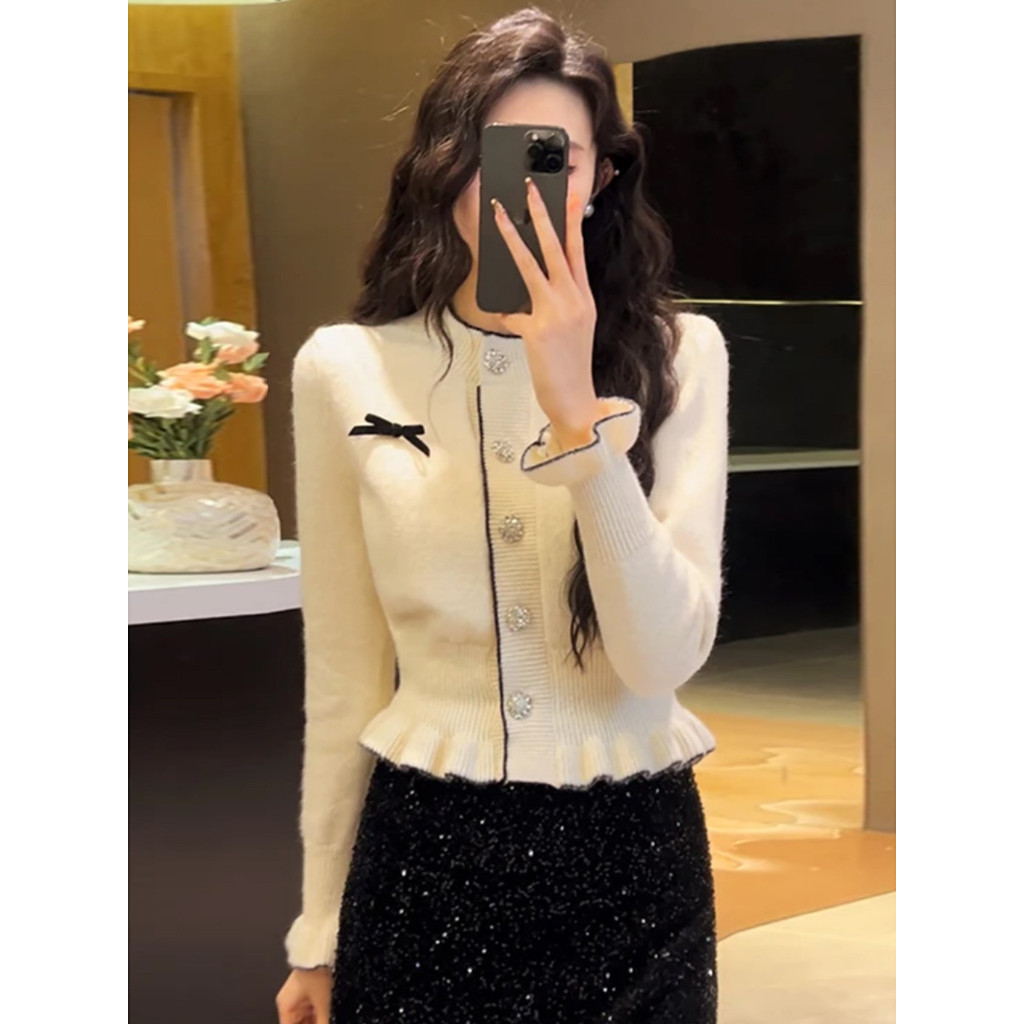 Dainty Vogue Sweater Cardigan Pita Pendek Natal Wanita Baru Slim Fit Lengan Panjang Atasan Rajut