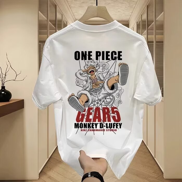 Korea Fashion Pria Lengan Pendek T-shirt longgar Hong Kong Angin T-shirt Lengan Pendek Mode Necklace
