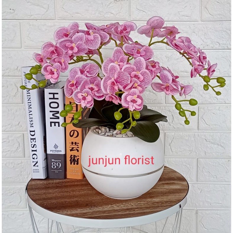 (leafnest) bunga anggrek bulan kain artificial pot Bola//bunga anggrek plastik//anggrek hias murah p