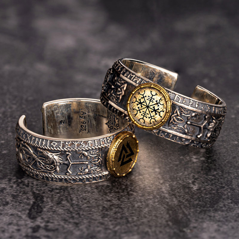 Engraved Viking Silver Ring Trendy Men's Retro Personality Silver Jewelry Single Silver Inlaid Coppe